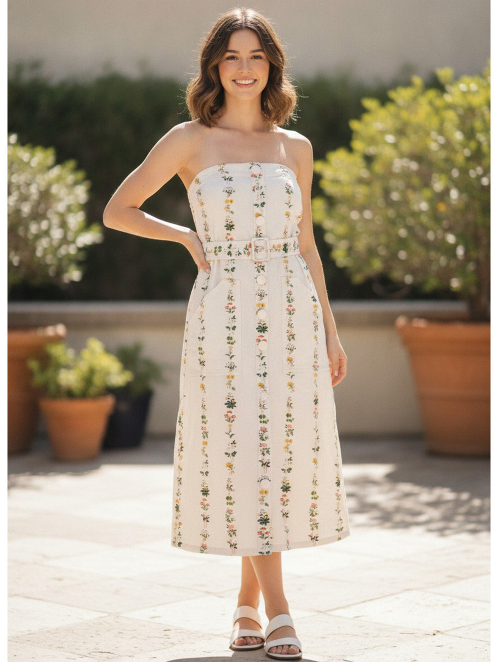 Strapless Floral Print Belted Dress